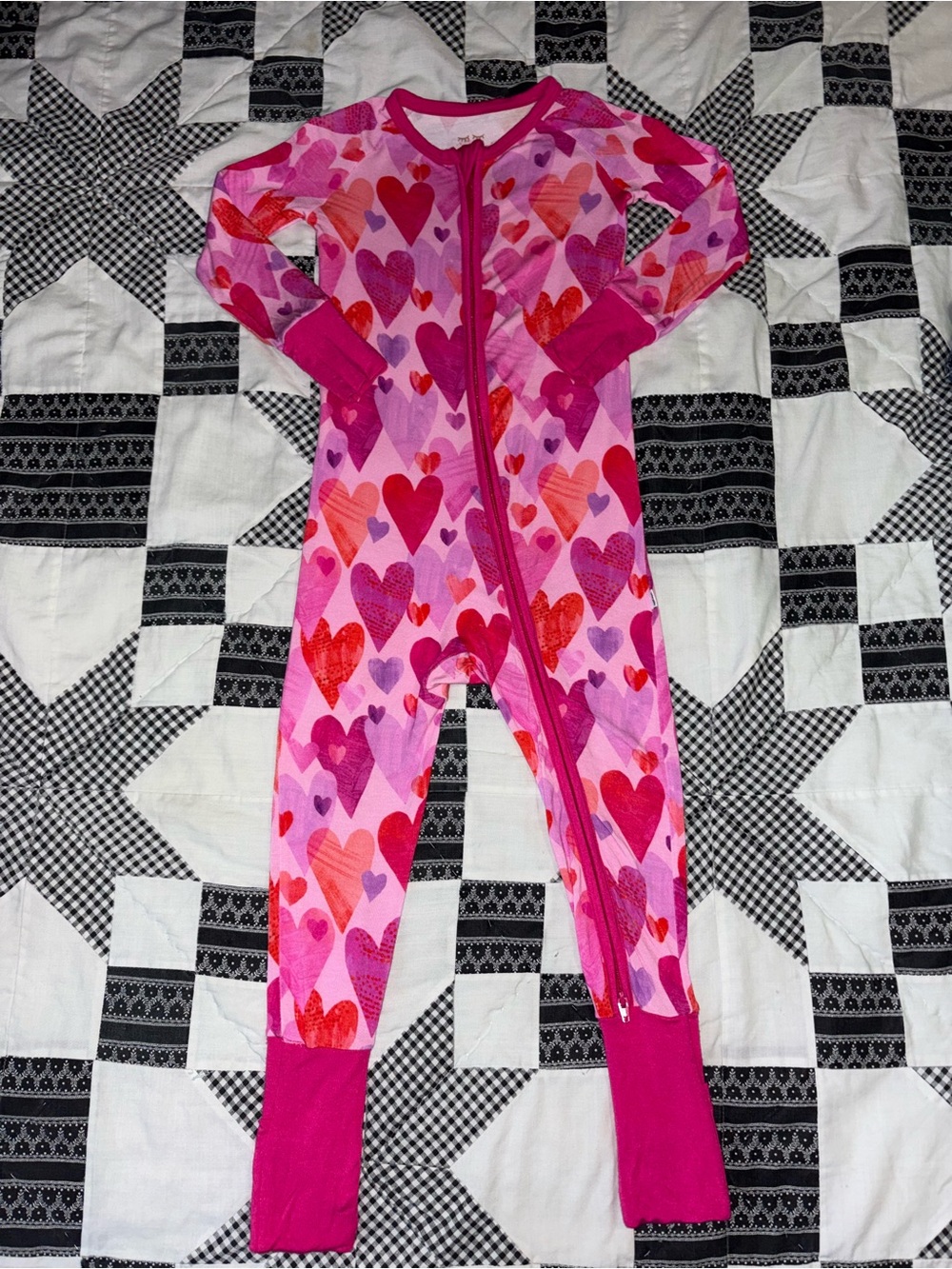 Little Sleepies Pink & Red Heart-Print Footed One-Piece